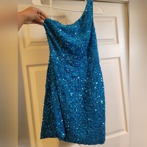 Teal One Shoulder Backless Sequin Dress